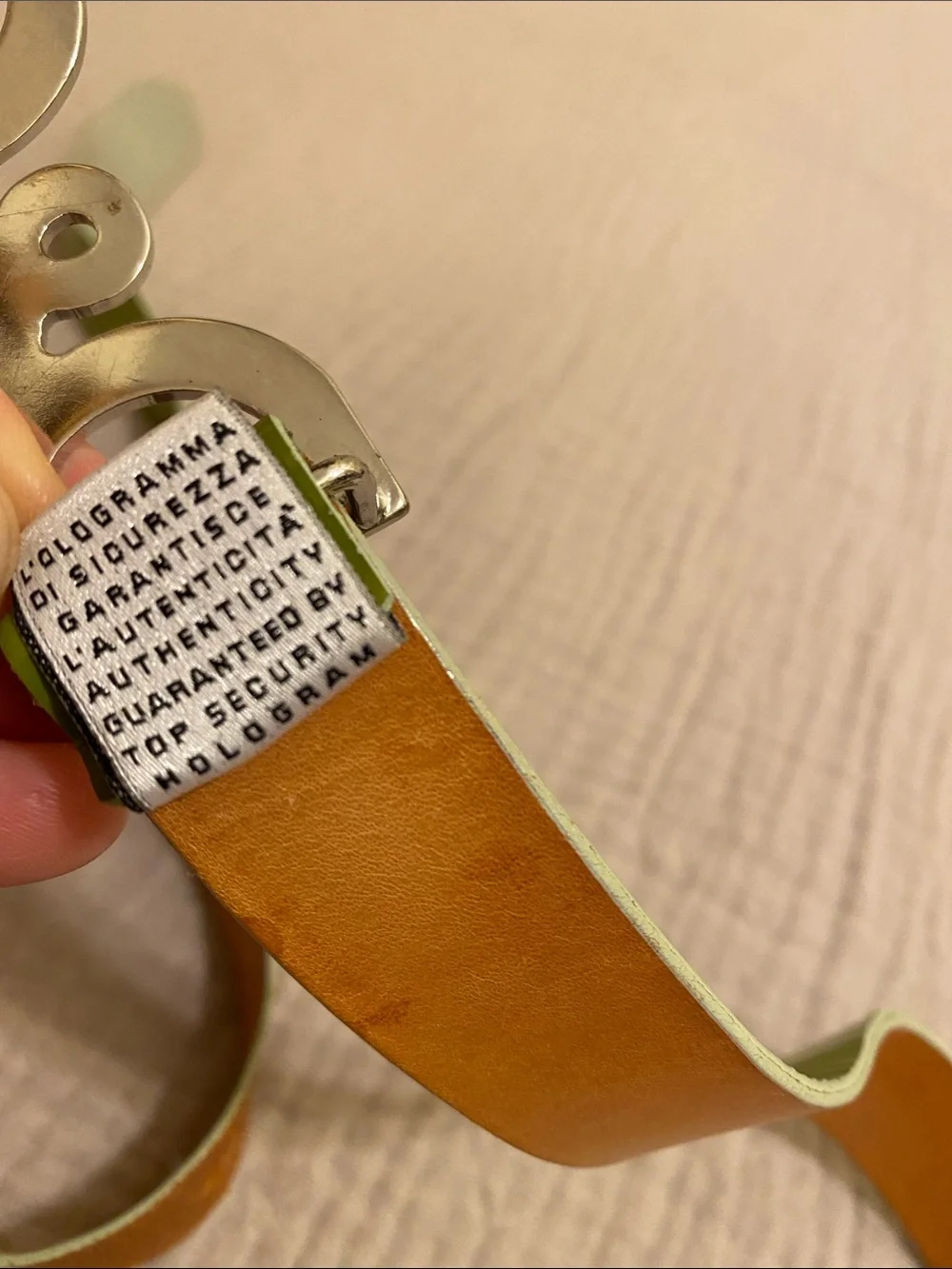 DOLCE & GABBANA D&G Lime Green Leather Belt with Silver Logo Buckle. Size 85